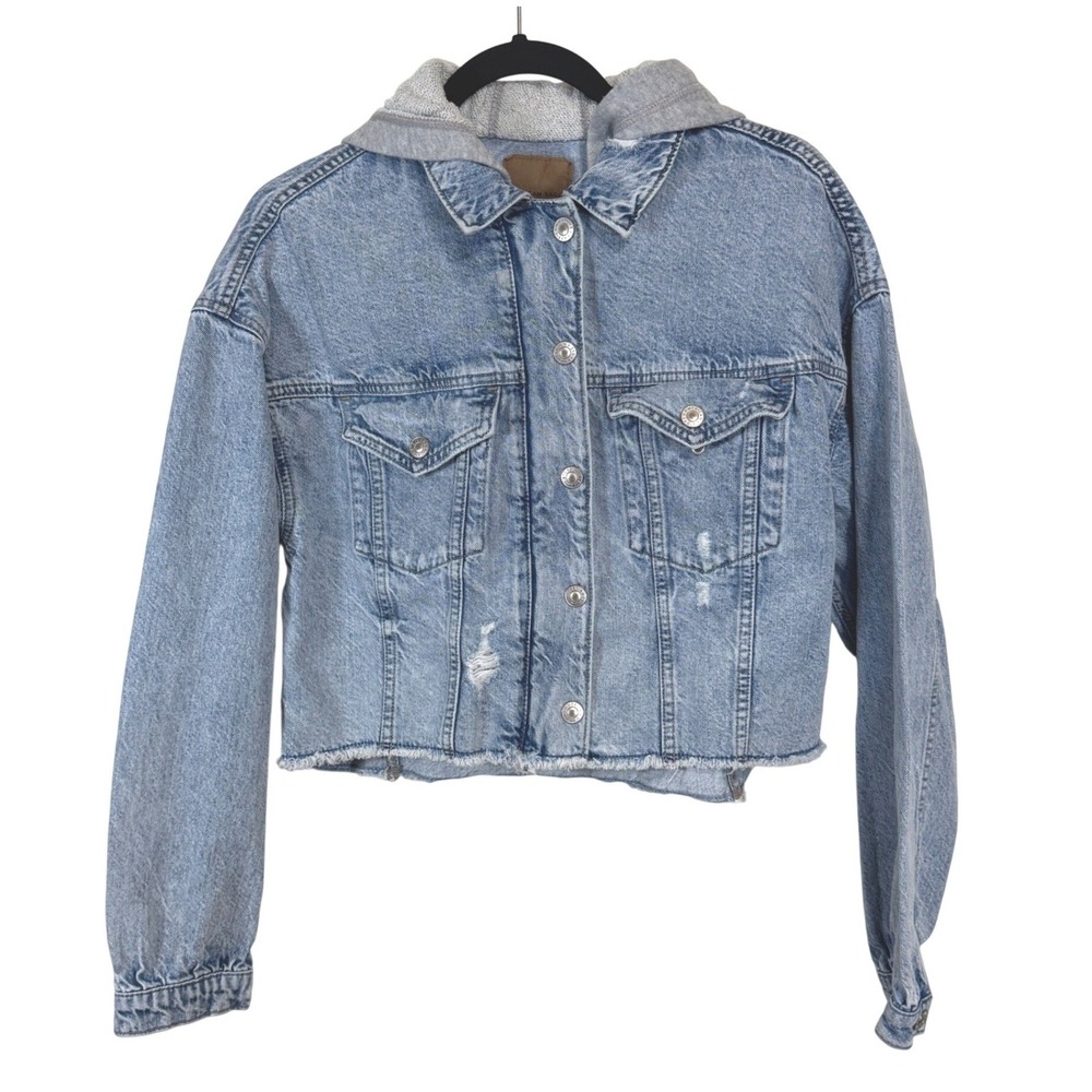 American Eagle Hooded Denim Jacket Light Wash Cropped Distressed M